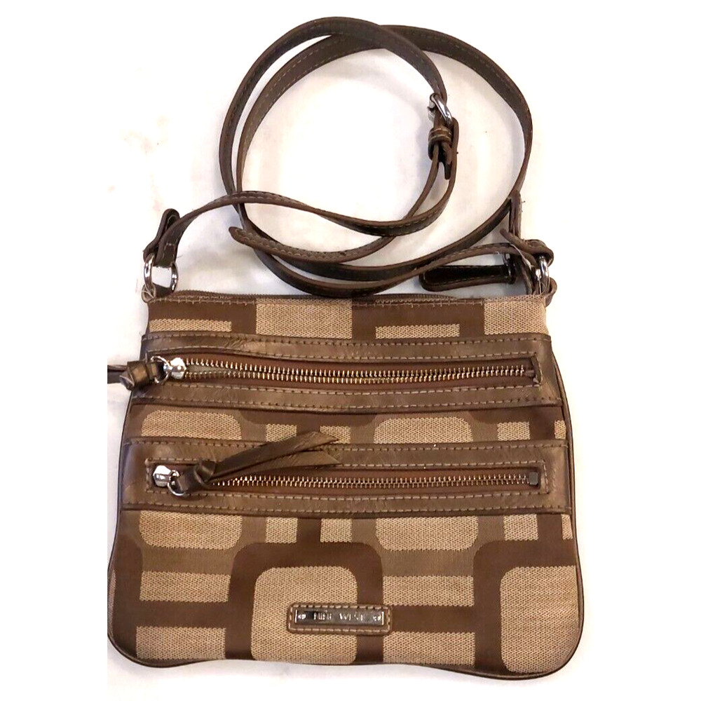 Nine West Women’s Crossbody Bag‎ Brown Canvas Signature Handbag Small Medium